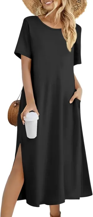 Tshirt Dress Women with Pockets Short Sleeve Side Slit Summer Midi Dresses Scoop Neck Beach Vacation Dresses