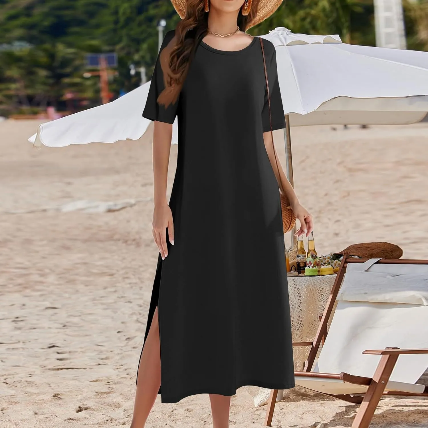 Tshirt Dress Women with Pockets Short Sleeve Side Slit Summer Midi Dresses Scoop Neck Beach Vacation Dresses