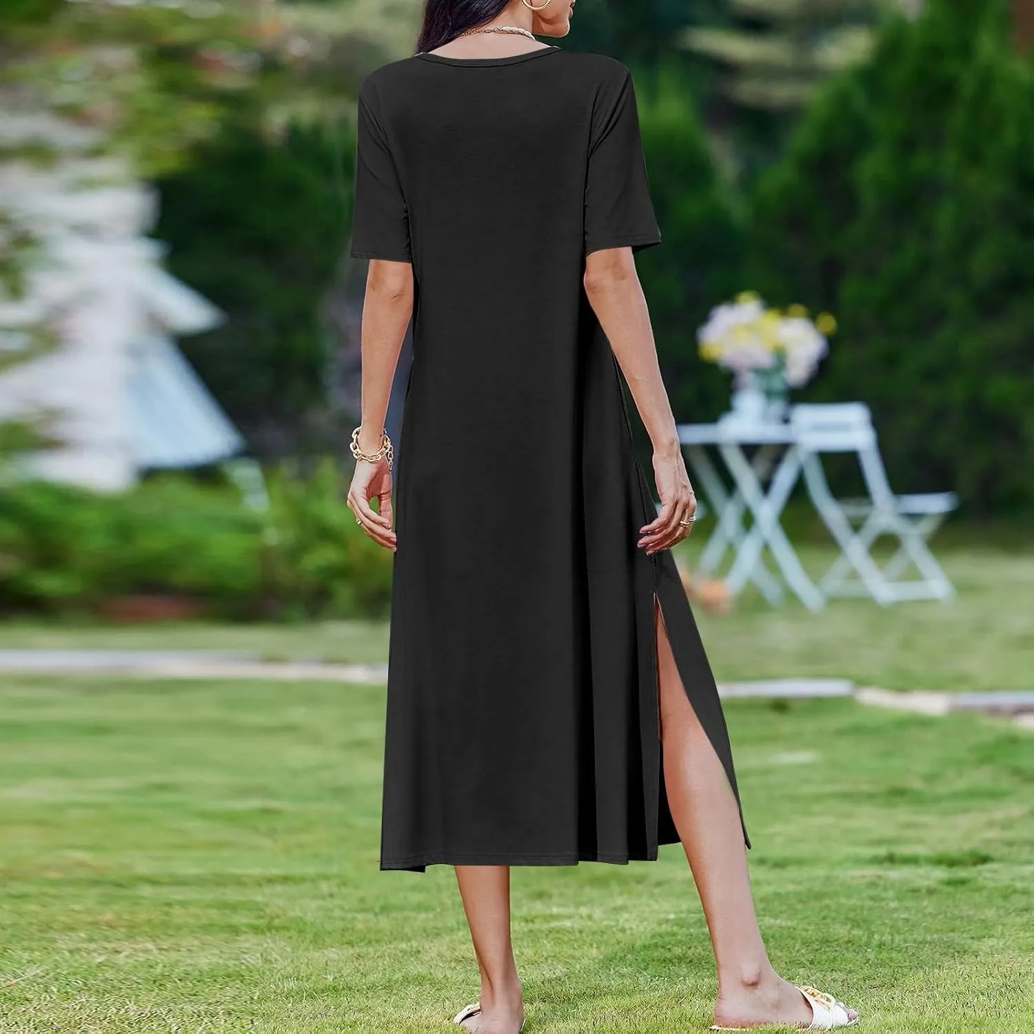 Tshirt Dress Women with Pockets Short Sleeve Side Slit Summer Midi Dresses Scoop Neck Beach Vacation Dresses