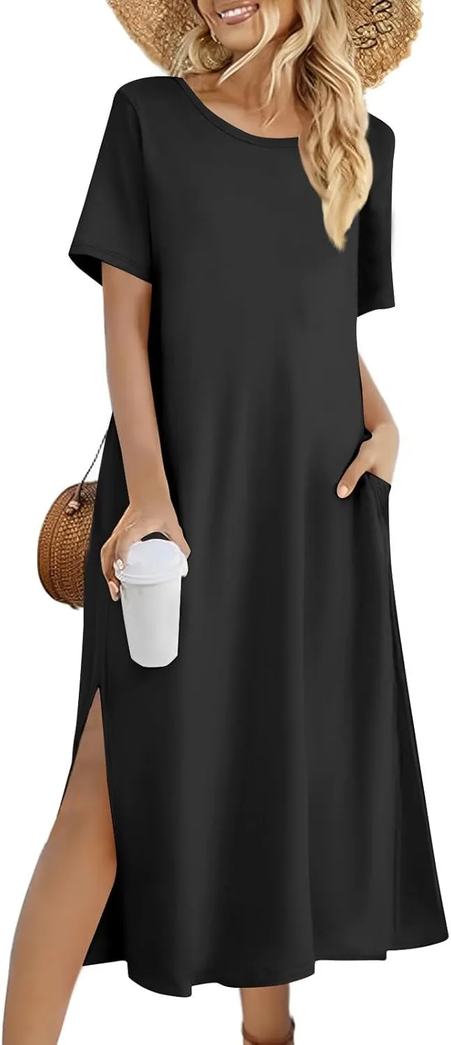 Tshirt Dress Women with Pockets Short Sleeve Side Slit Summer Midi Dresses Scoop Neck Beach Vacation Dresses