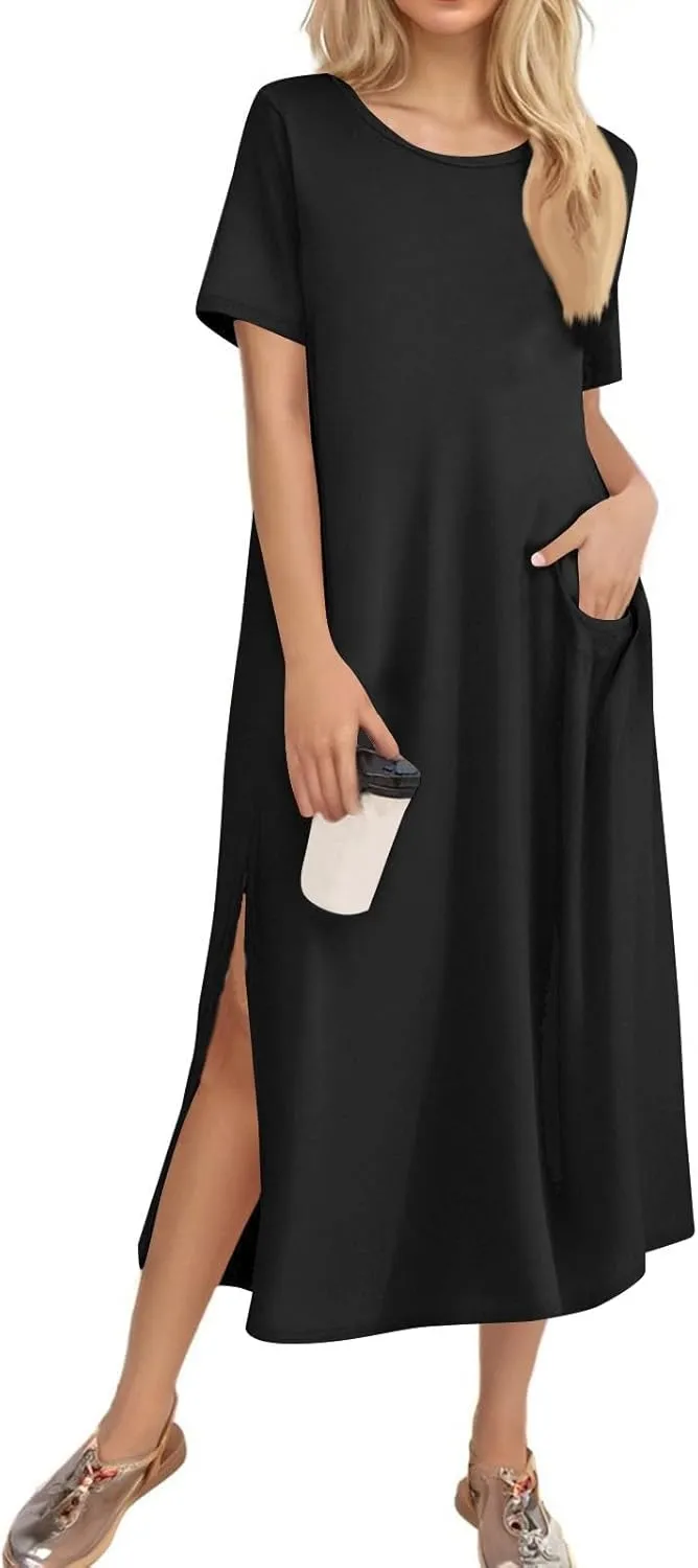 Tshirt Dress Women with Pockets Short Sleeve Side Slit Summer Midi Dresses Scoop Neck Beach Vacation Dresses