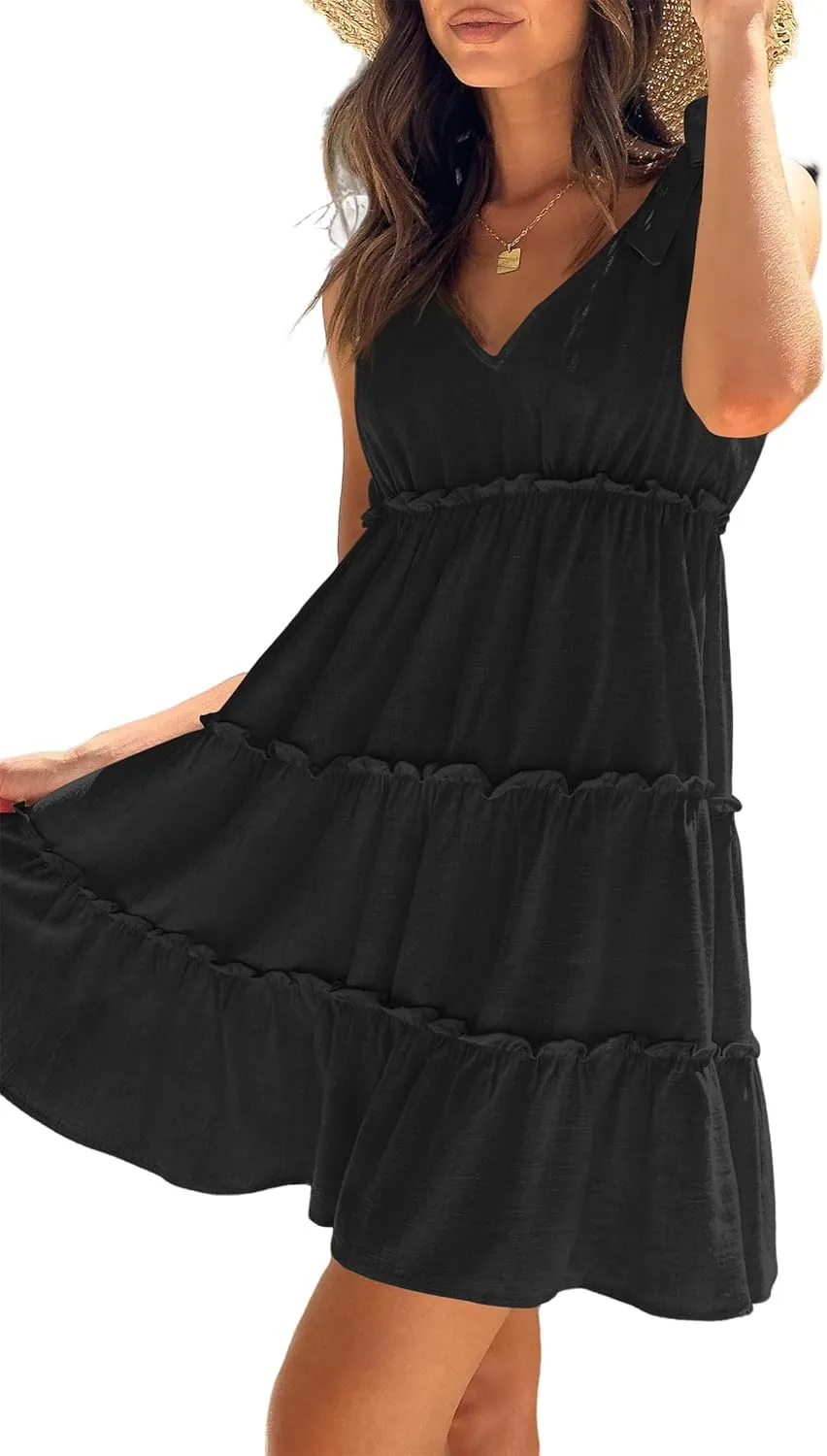 uSecee Summer Dress for Women Tie Shoulder V Neck Sleeveless Tiered Ruffle Swing A Line Short Sundresses Badydoll Mini Dress