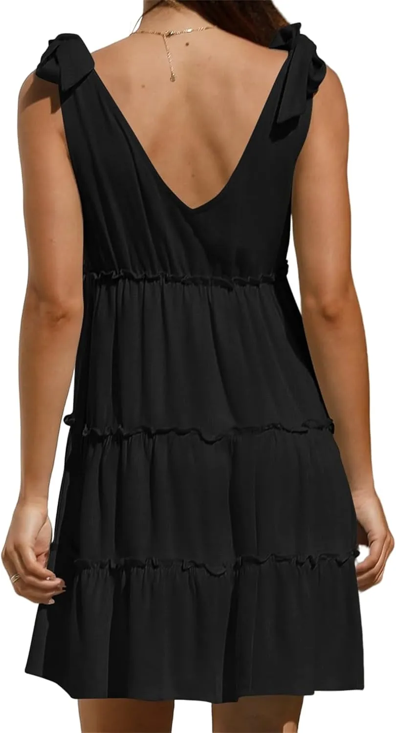 uSecee Summer Dress for Women Tie Shoulder V Neck Sleeveless Tiered Ruffle Swing A Line Short Sundresses Badydoll Mini Dress