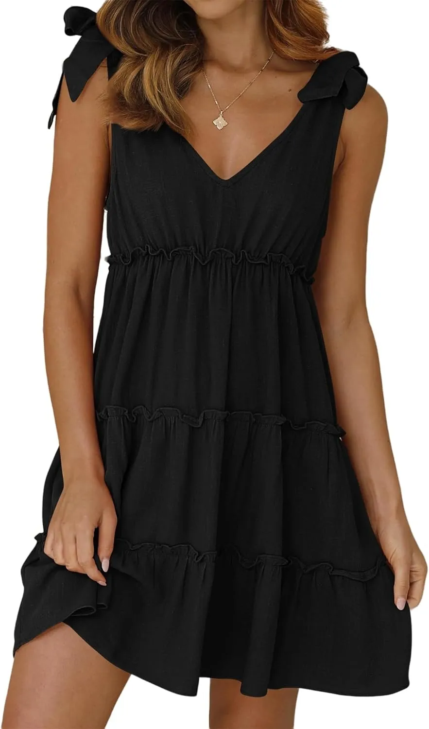 uSecee Summer Dress for Women Tie Shoulder V Neck Sleeveless Tiered Ruffle Swing A Line Short Sundresses Badydoll Mini Dress