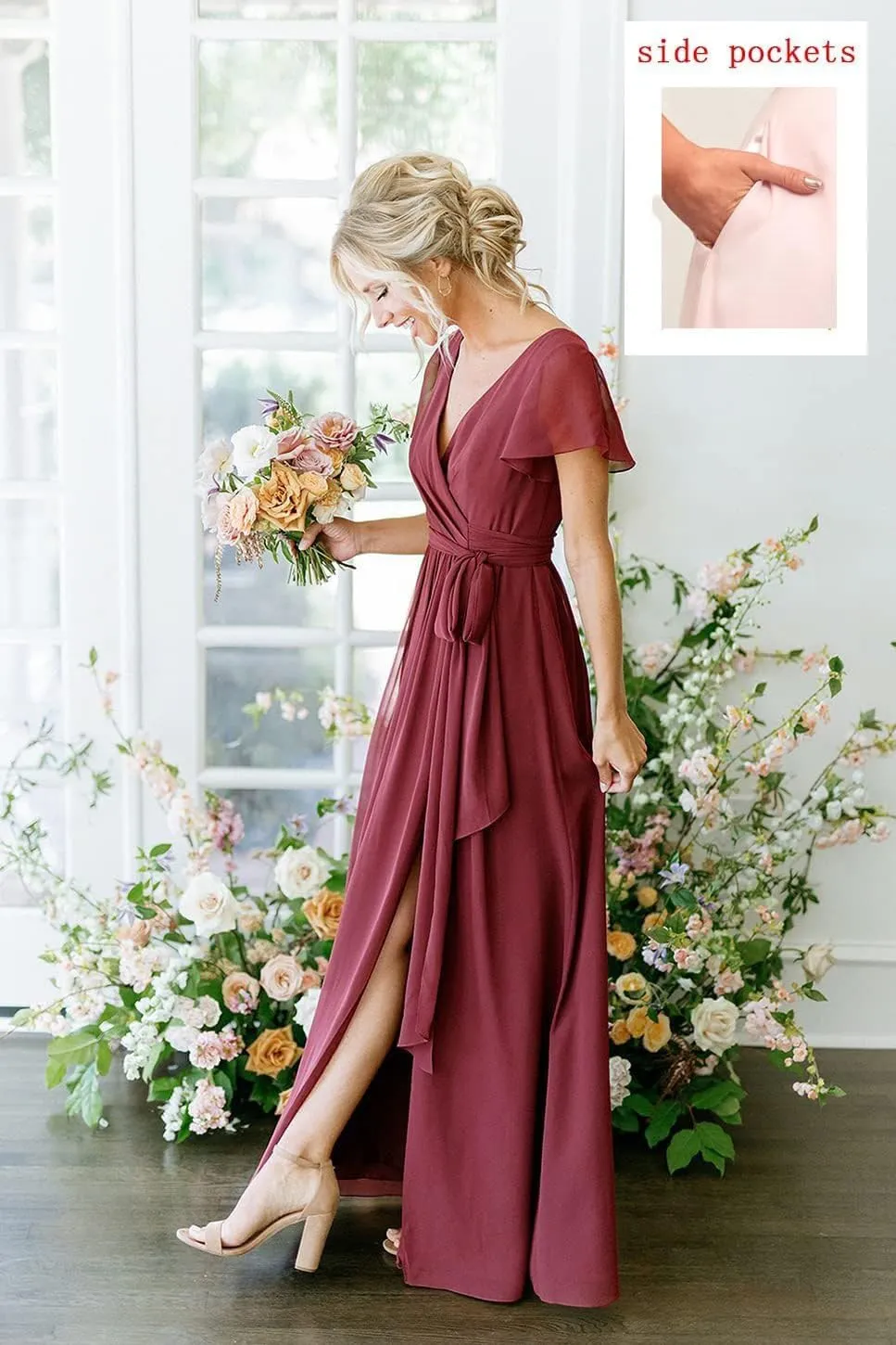 V Neck Bridesmaid Dresses with Slit Chiffon Short Sleeve Prom Dresses Long Pleated Evening Gown with Pockets UU107