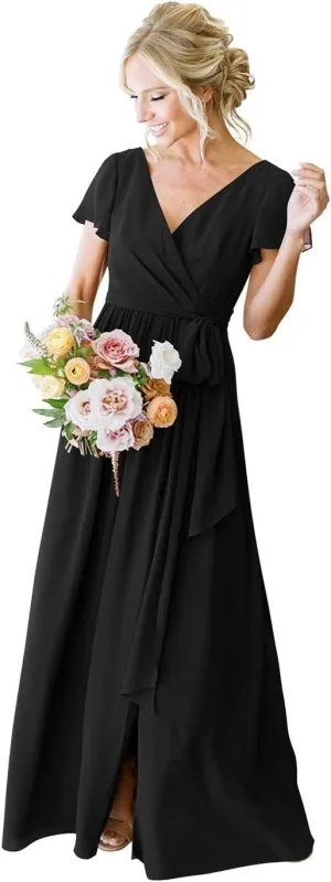 V Neck Bridesmaid Dresses with Slit Chiffon Short Sleeve Prom Dresses Long Pleated Evening Gown with Pockets UU107