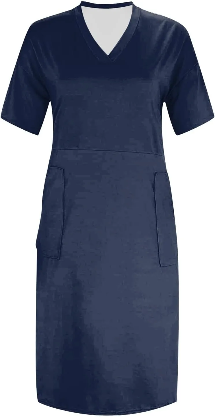 V Neck Dress for Women Plus Size Casual Short Sleeve Midi Shift Dresses with Pockets Summer Beach Vacation Comfy Dress