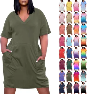 V Neck Dress for Women Plus Size Casual Short Sleeve Midi Shift Dresses with Pockets Summer Beach Vacation Comfy Dress