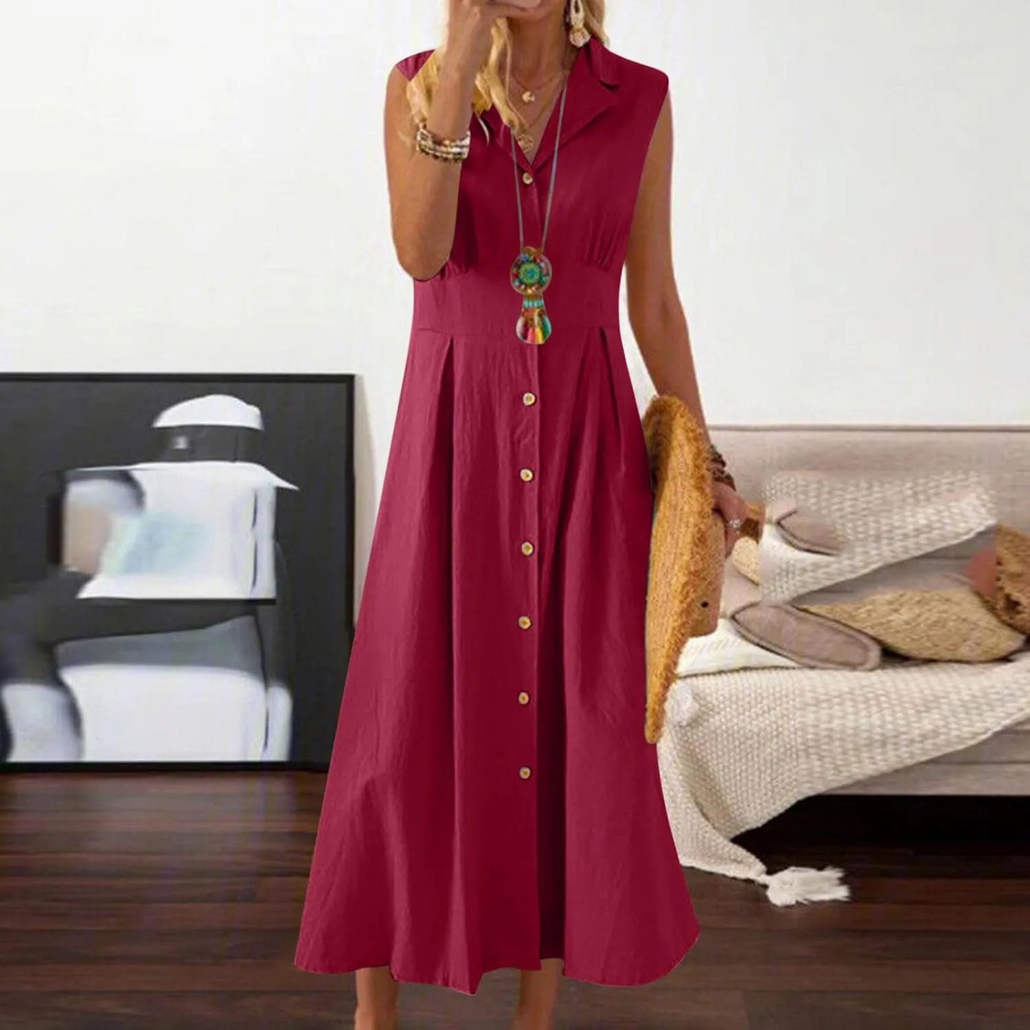 Vacation Dresses for Women 2025 Casual Beach Sundress Cotton Linen Vacation Loose Flowy V Neck Button Down Dress