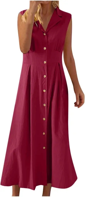 Vacation Dresses for Women 2025 Casual Beach Sundress Cotton Linen Vacation Loose Flowy V Neck Button Down Dress