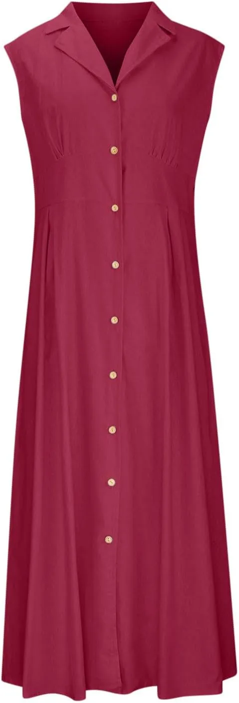 Vacation Dresses for Women 2025 Casual Beach Sundress Cotton Linen Vacation Loose Flowy V Neck Button Down Dress