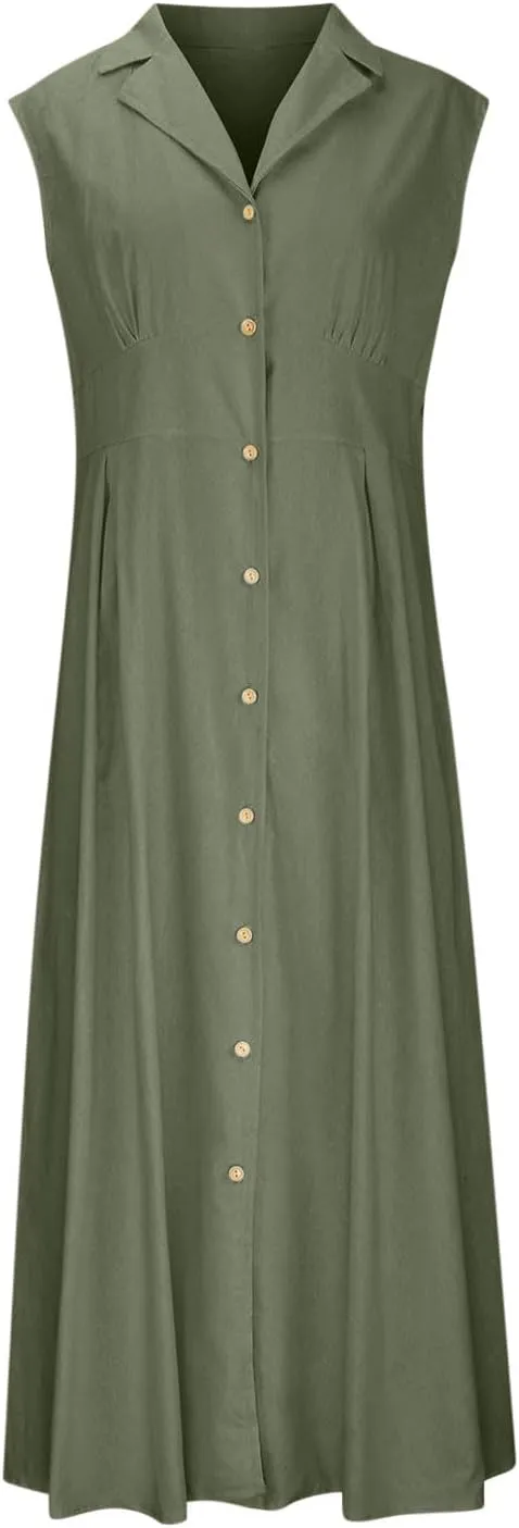 Vacation Dresses for Women 2025 Casual Beach Sundress Cotton Linen Vacation Loose Flowy V Neck Button Down Dress