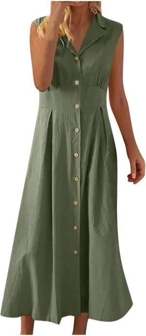 Vacation Dresses for Women 2025 Casual Beach Sundress Cotton Linen Vacation Loose Flowy V Neck Button Down Dress