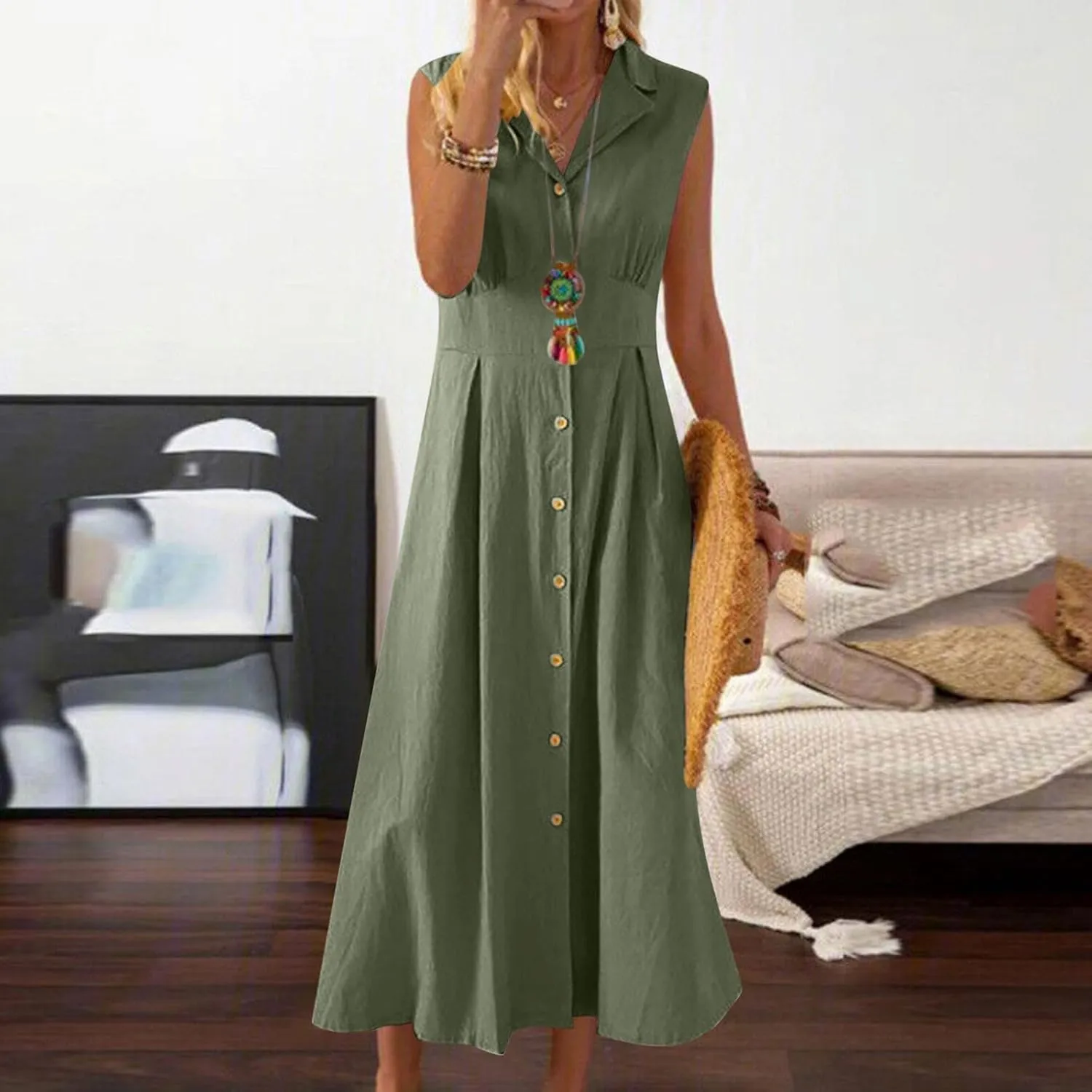 Vacation Dresses for Women 2025 Casual Beach Sundress Cotton Linen Vacation Loose Flowy V Neck Button Down Dress