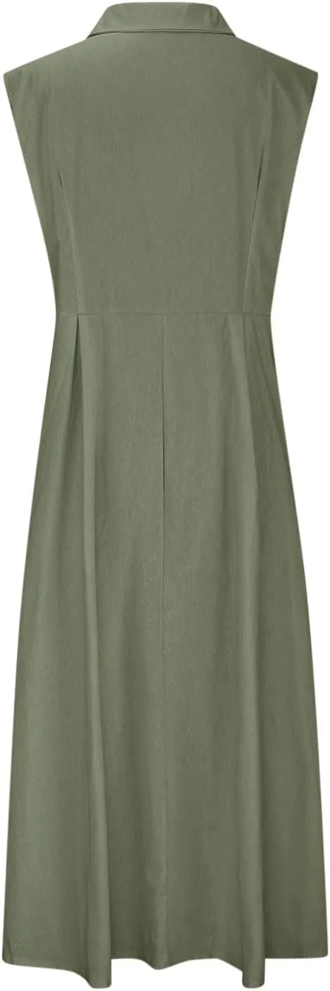 Vacation Dresses for Women 2025 Casual Beach Sundress Cotton Linen Vacation Loose Flowy V Neck Button Down Dress