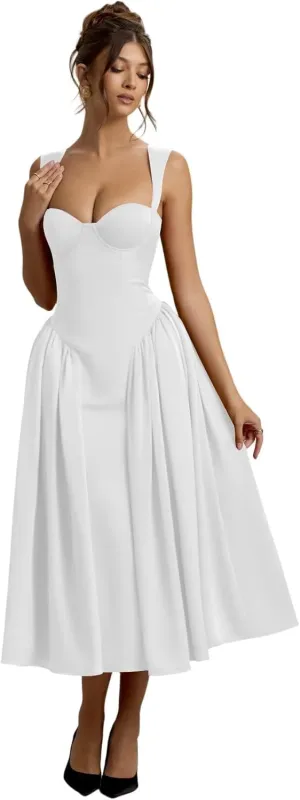 Vintage Corset Prom Dresses for Women 2025 Satin Long Sweetheart Drop Waist Midi Dress for Party Gowns RO289