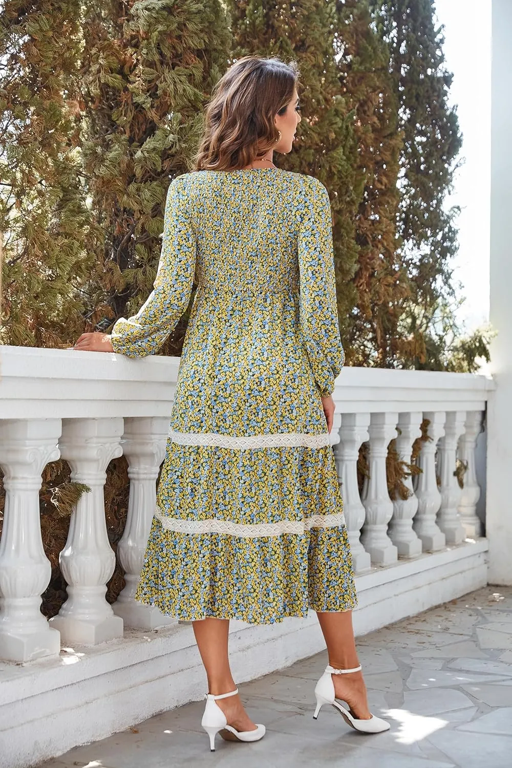 VintageClothing Women's Fall Midi Dress Long Sleeve Casual Crew Neck High Waist Smocked Long Dress with Pockets