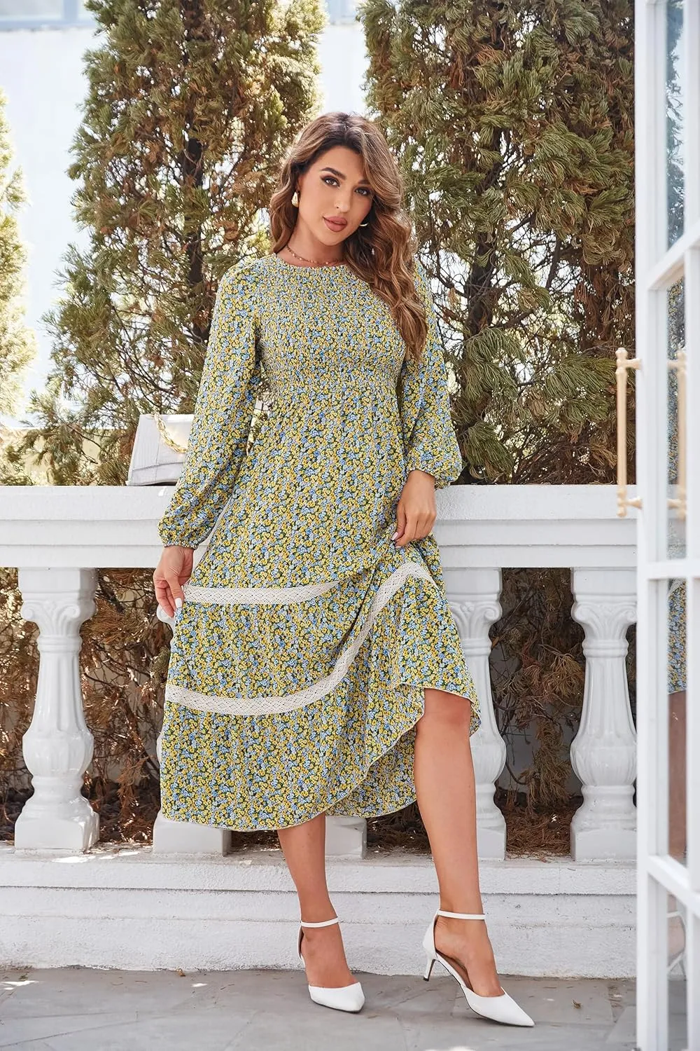 VintageClothing Women's Fall Midi Dress Long Sleeve Casual Crew Neck High Waist Smocked Long Dress with Pockets