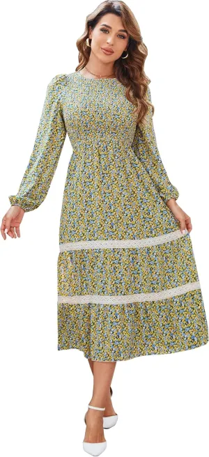 VintageClothing Women's Fall Midi Dress Long Sleeve Casual Crew Neck High Waist Smocked Long Dress with Pockets