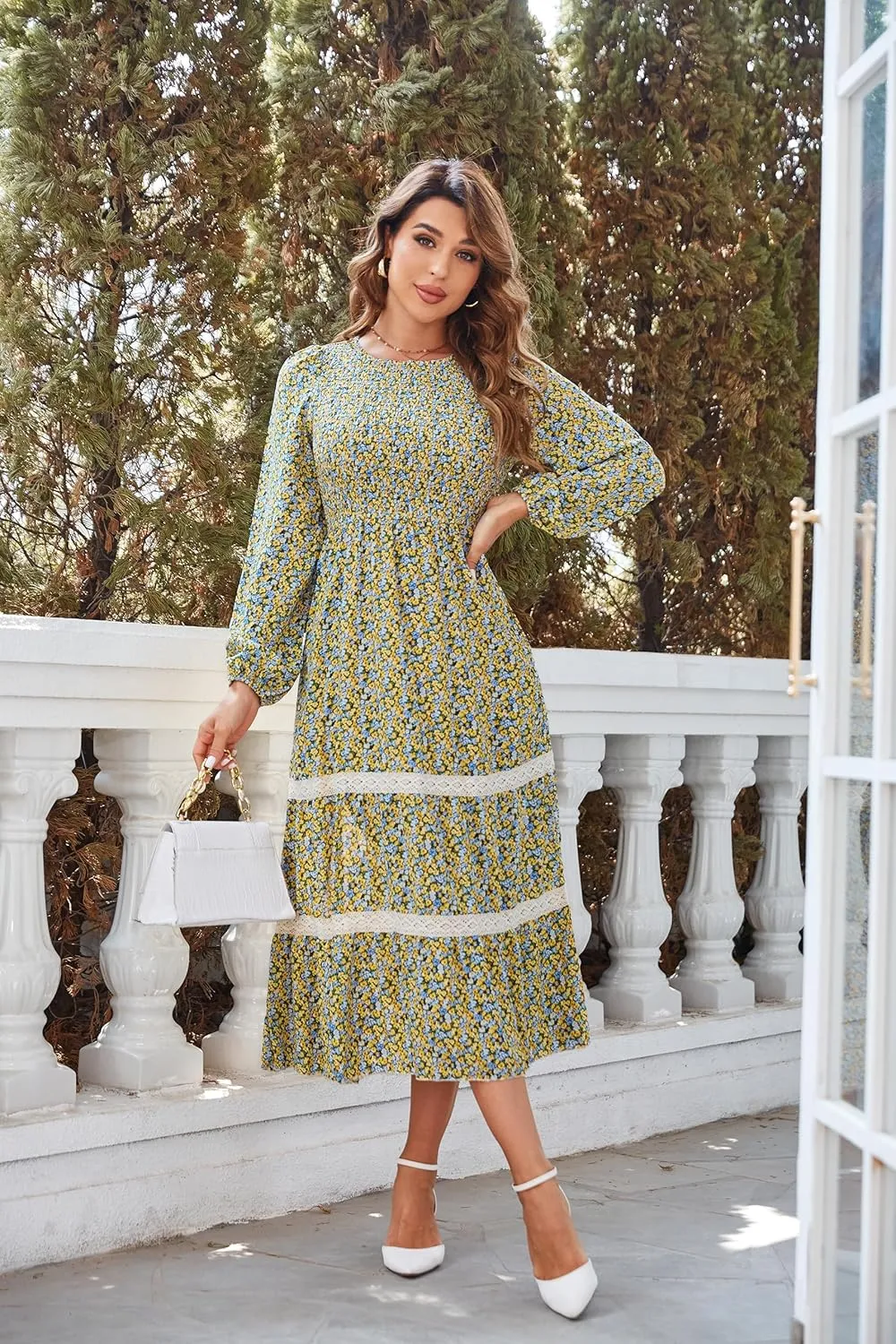 VintageClothing Women's Fall Midi Dress Long Sleeve Casual Crew Neck High Waist Smocked Long Dress with Pockets