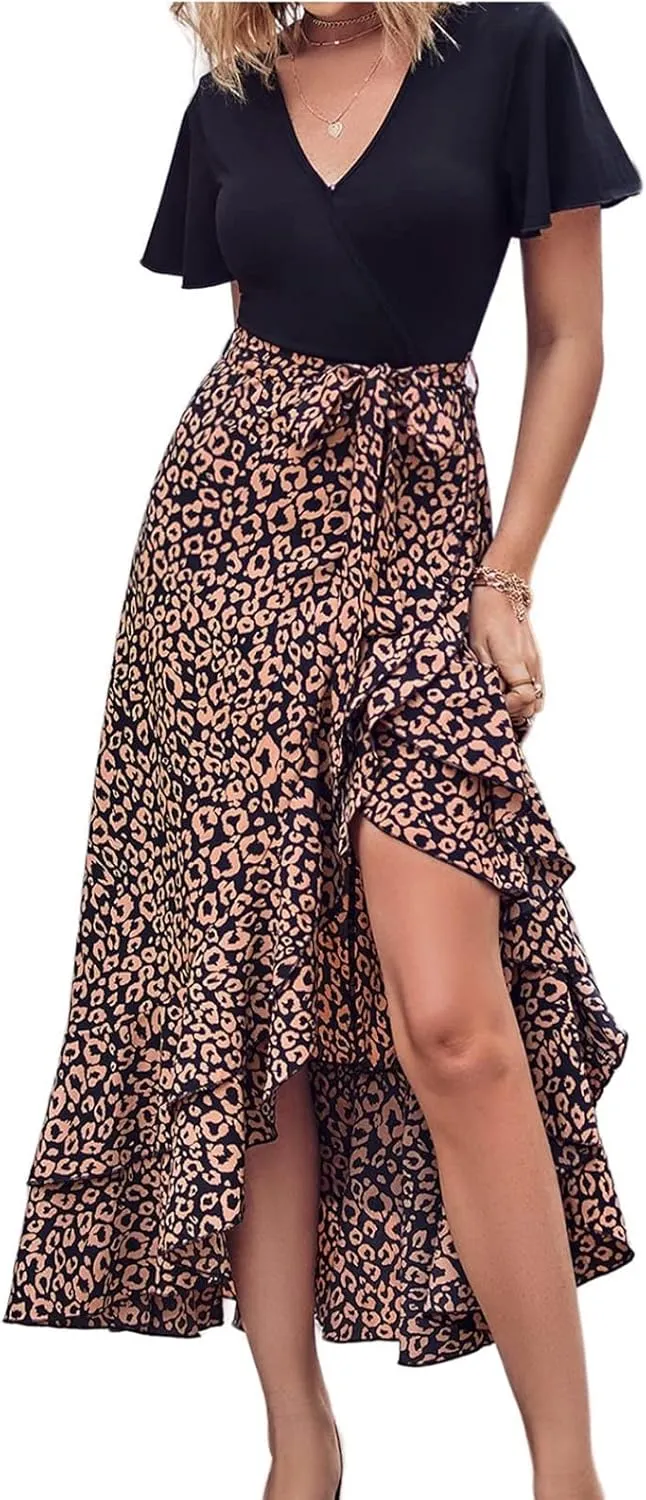 Wedding Guest Dresses for Women Summer Wrap V Neck Maxi Dress Short Sleeve Tie Waist Floral Ruffle Hem Split Long Dress