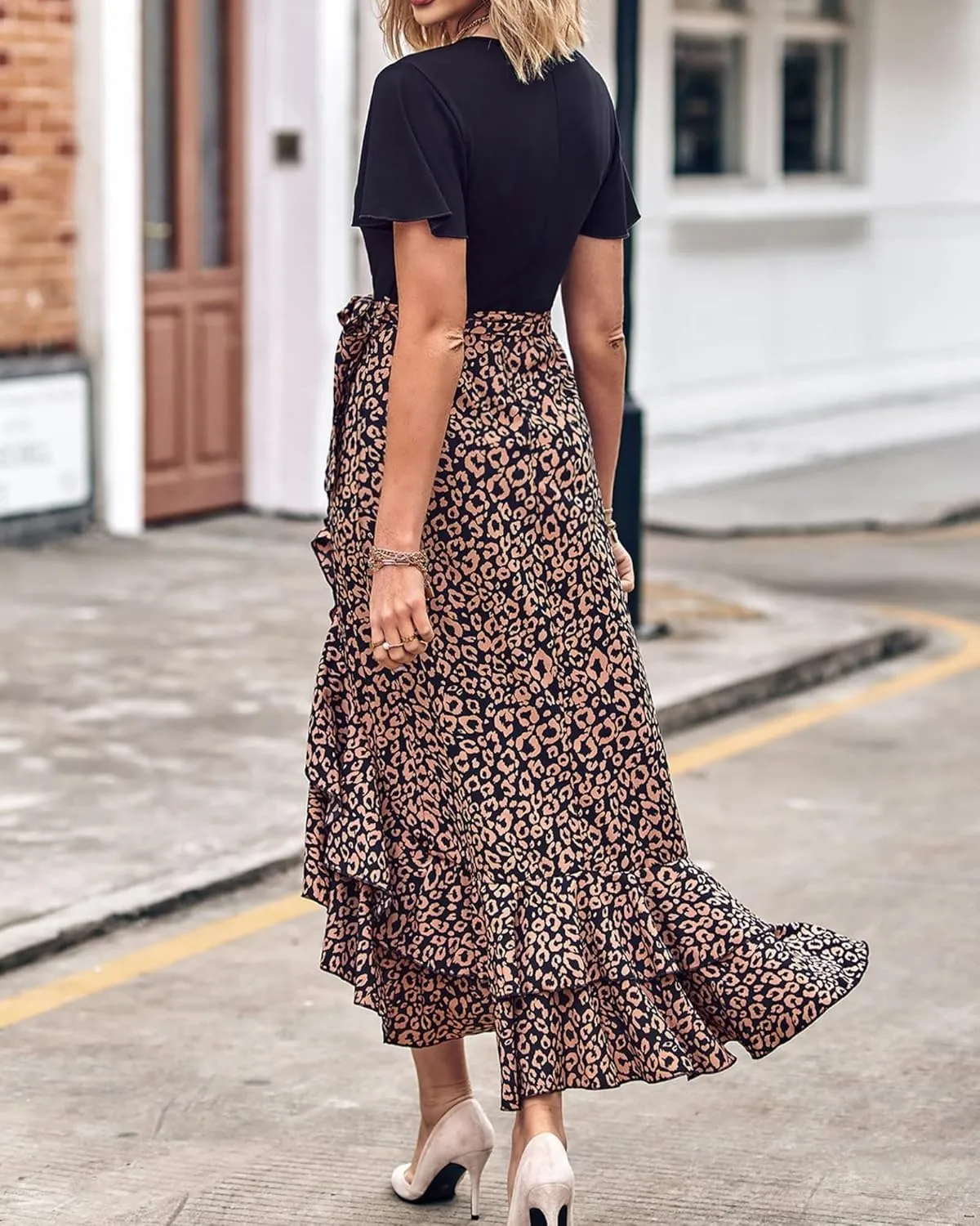 Wedding Guest Dresses for Women Summer Wrap V Neck Maxi Dress Short Sleeve Tie Waist Floral Ruffle Hem Split Long Dress