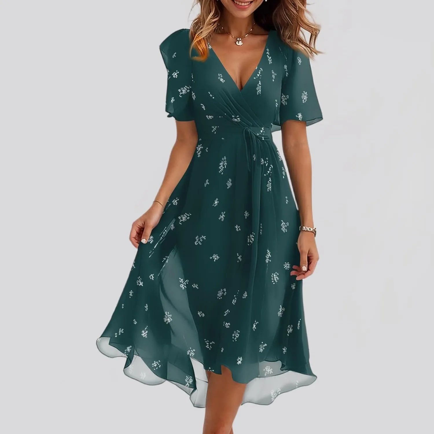 Wedding Guest Dress,Prom Cocktail Summer Sexy Dresses for Women Wrap Flowy Chiffon Womens Midi Dress