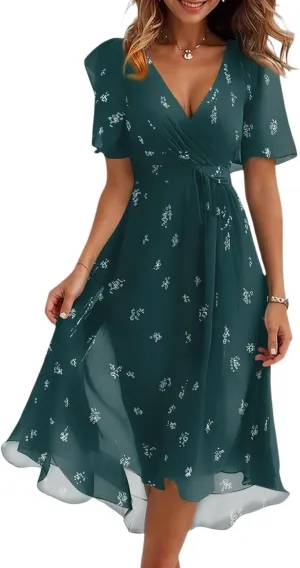 Wedding Guest Dress,Prom Cocktail Summer Sexy Dresses for Women Wrap Flowy Chiffon Womens Midi Dress
