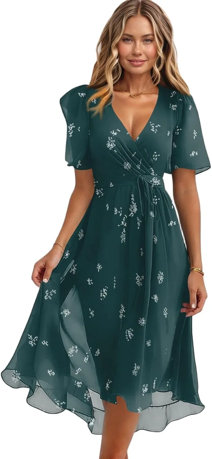 Wedding Guest Dress,Prom Cocktail Summer Sexy Dresses for Women Wrap Flowy Chiffon Womens Midi Dress