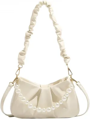 White Shoulder Bag with Pearl Chain Retro Classic Clutch Tote Handbags for Party Wedding Bridal Travel