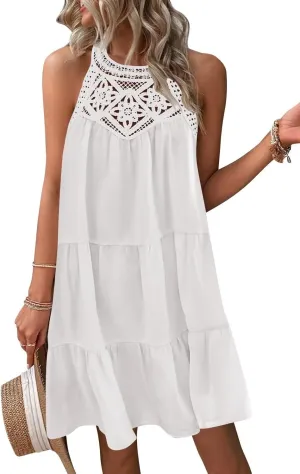 Wkior Women's 2024 Summer Halter Sleeveless Mini Dress Casual Tank Top Pleated Flowy Short Beach Dress Sundress White M