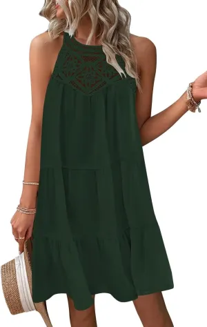 Wkior Women's Summer Hollow Out Halter Sleeveless Dresses Loose Aline Tiered Swing Sundress Beach Vacation Mini Dress Dark Green S