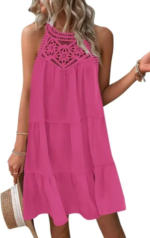 Wkior Women's Summer Hollow Out Halter Sleeveless Dresses Loose Aline Tiered Swing Sundress Beach Vacation Mini Dress Pink S