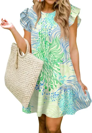 Women Babydoll Summer Casual Crew Neck Ruffle Sleeve Sleeveless Flowy Mini Short Tunic Dress Floral Print Pleated Dress5-Green,Small