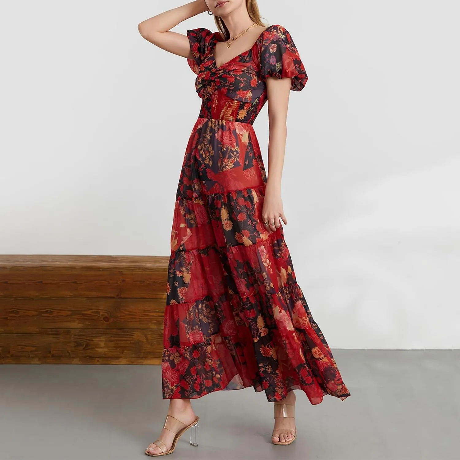 Women Boho Short Puff Sleeve Floral Long Dress Sweetheart Neck Tunic Waist Summer Flowy 2024 Beach Midi Sundresses