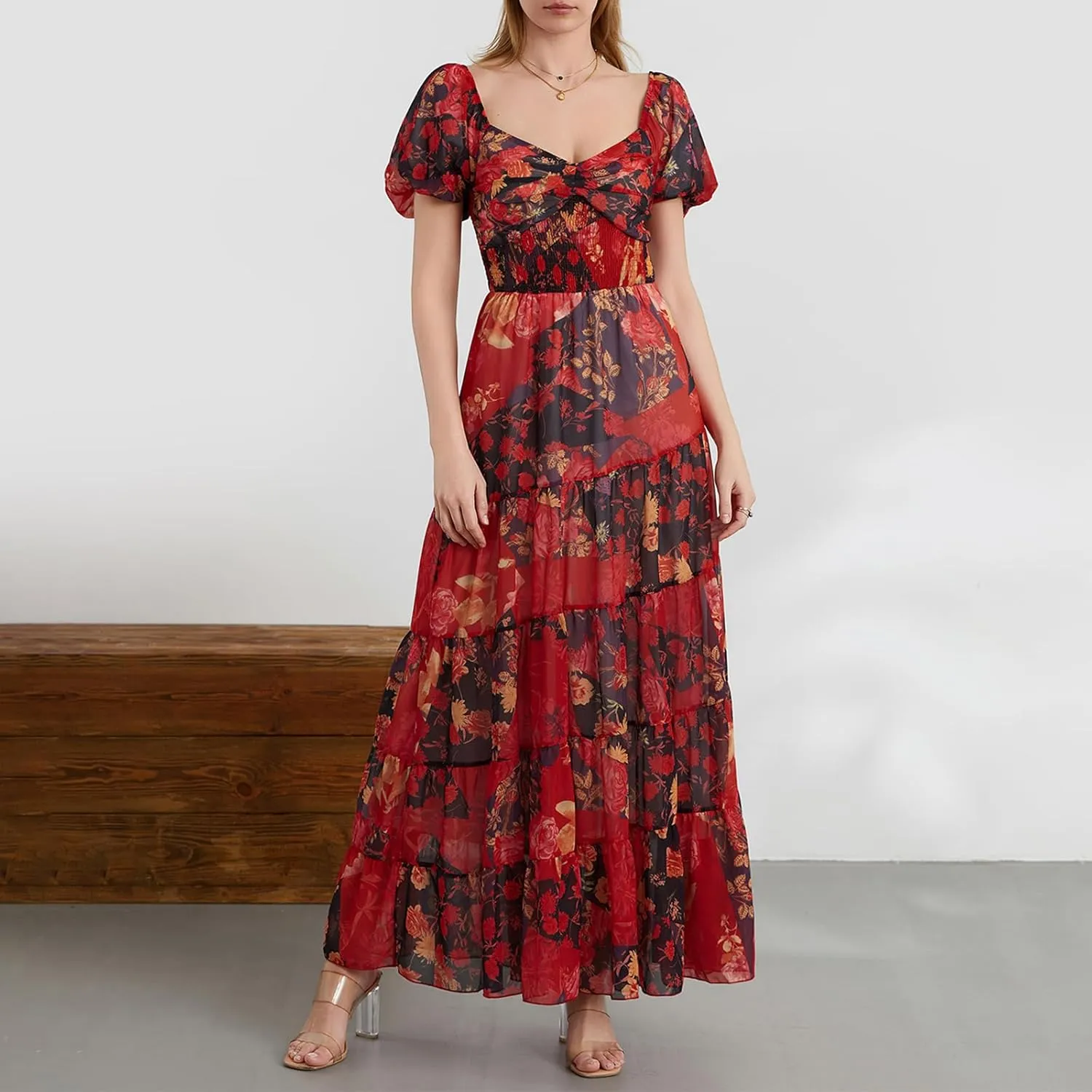 Women Boho Short Puff Sleeve Floral Long Dress Sweetheart Neck Tunic Waist Summer Flowy 2024 Beach Midi Sundresses