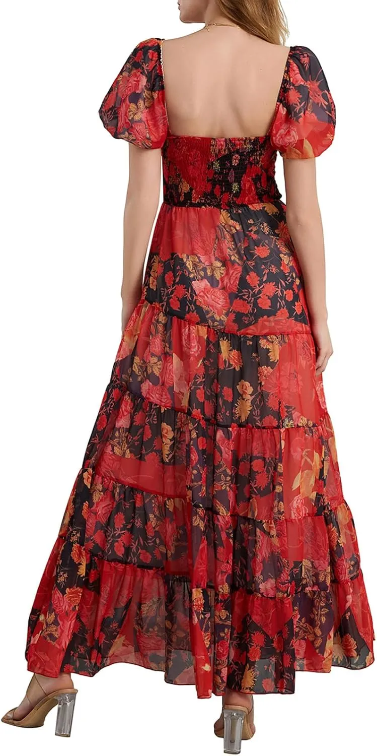 Women Boho Short Puff Sleeve Floral Long Dress Sweetheart Neck Tunic Waist Summer Flowy 2024 Beach Midi Sundresses