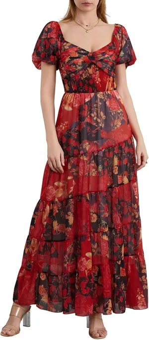 Women Boho Short Puff Sleeve Floral Long Dress Sweetheart Neck Tunic Waist Summer Flowy 2024 Beach Midi Sundresses