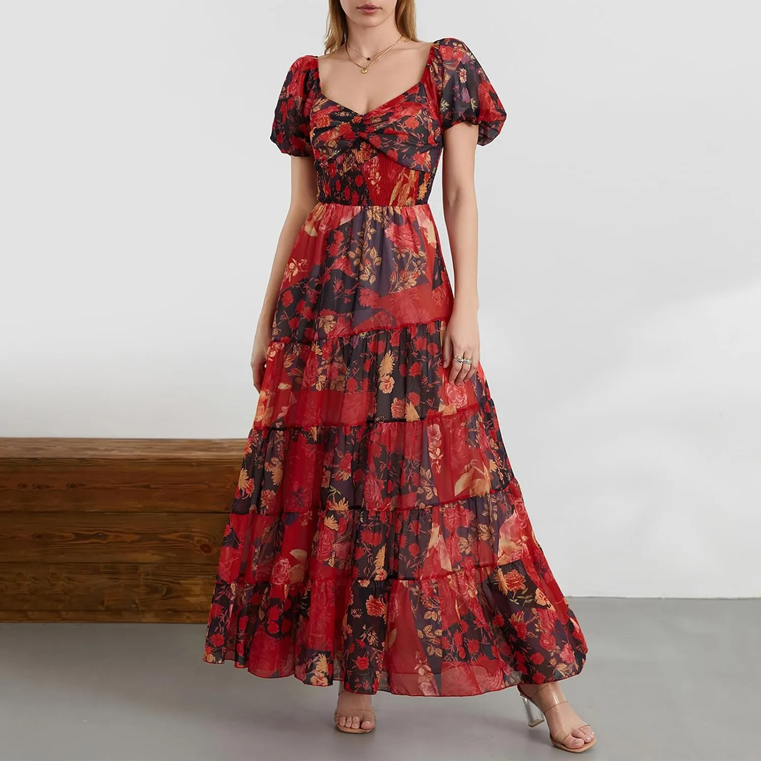 Women Boho Short Puff Sleeve Floral Long Dress Sweetheart Neck Tunic Waist Summer Flowy 2024 Beach Midi Sundresses