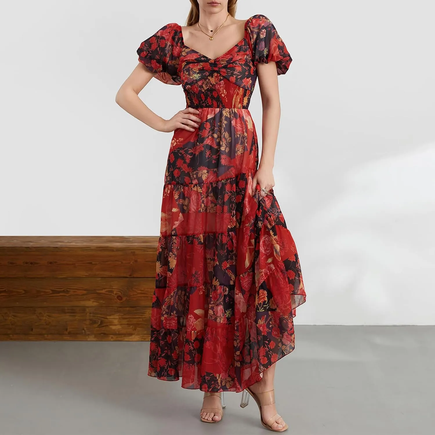 Women Boho Short Puff Sleeve Floral Long Dress Sweetheart Neck Tunic Waist Summer Flowy 2024 Beach Midi Sundresses
