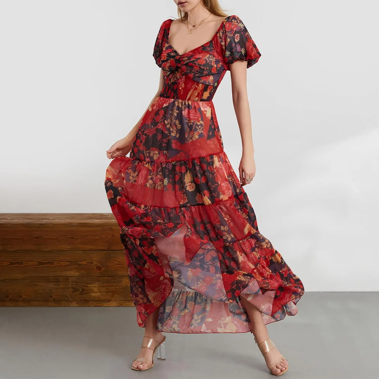 Women Boho Short Puff Sleeve Floral Long Dress Sweetheart Neck Tunic Waist Summer Flowy 2024 Beach Midi Sundresses