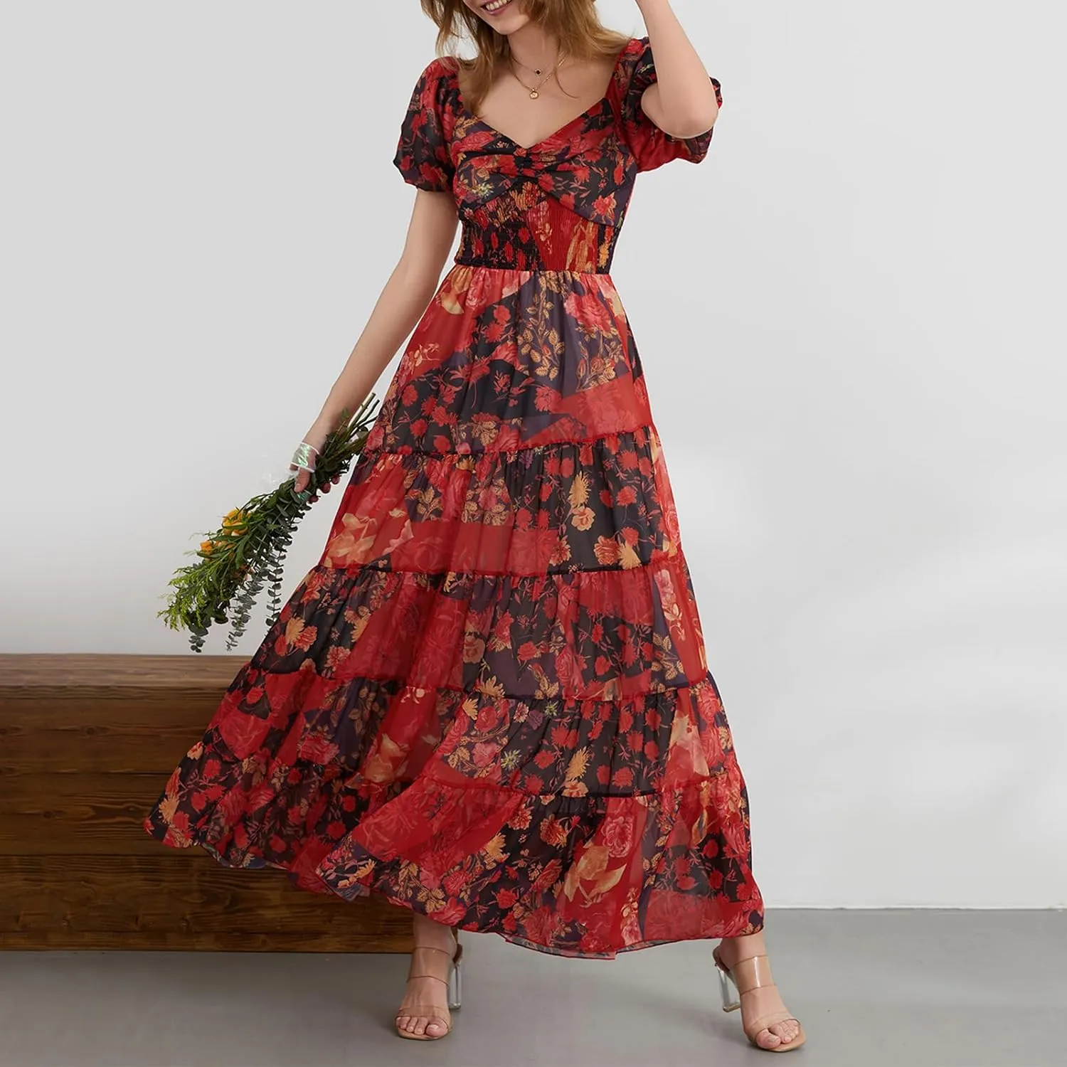 Women Boho Short Puff Sleeve Floral Long Dress Sweetheart Neck Tunic Waist Summer Flowy 2024 Beach Midi Sundresses