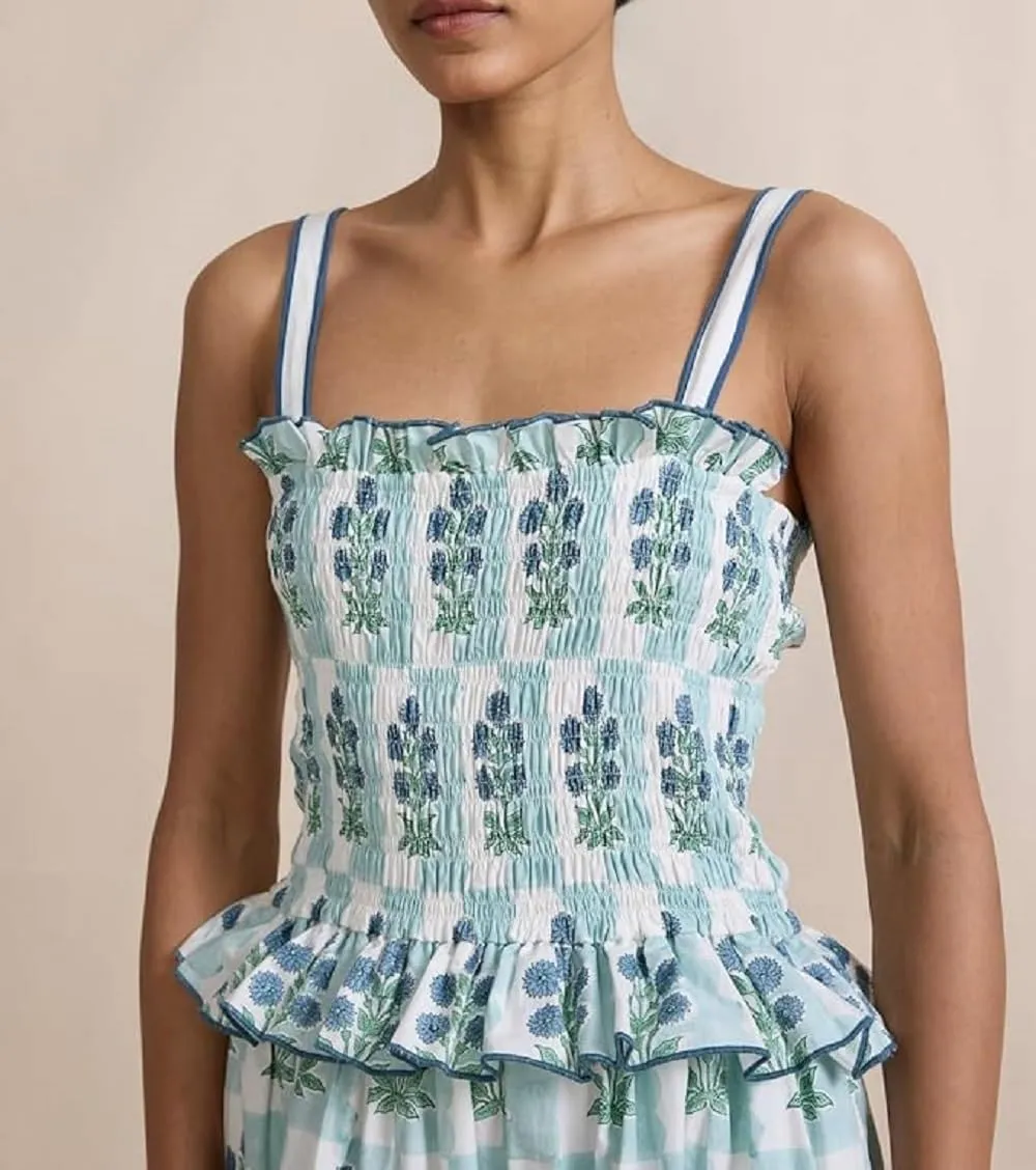 Women Boho Tie Shoulder Maxi Dress Y2k Floral Smocked Ruffle Long Dress Summer Tiered Swing Flowy Sundress