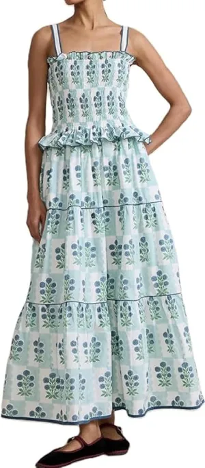 Women Boho Tie Shoulder Maxi Dress Y2k Floral Smocked Ruffle Long Dress Summer Tiered Swing Flowy Sundress