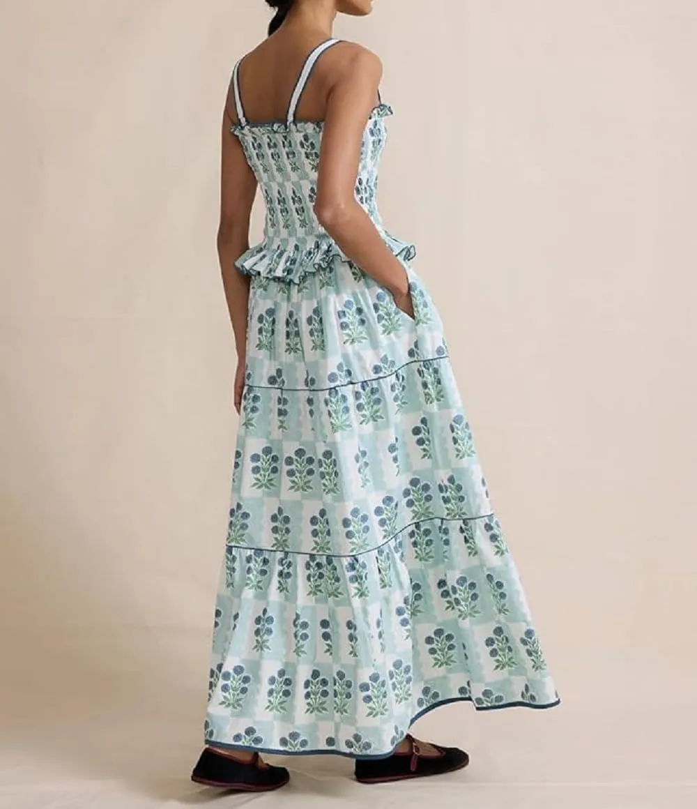 Women Boho Tie Shoulder Maxi Dress Y2k Floral Smocked Ruffle Long Dress Summer Tiered Swing Flowy Sundress