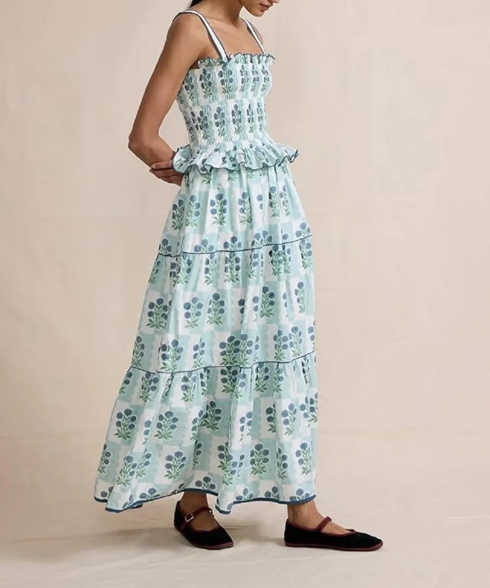Women Boho Tie Shoulder Maxi Dress Y2k Floral Smocked Ruffle Long Dress Summer Tiered Swing Flowy Sundress