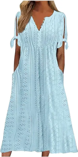 Women Casual Dress with Pocket, Summer Button V Neck Eyelet Midi Dresses Solid Short Sleeve Classy Long Dress