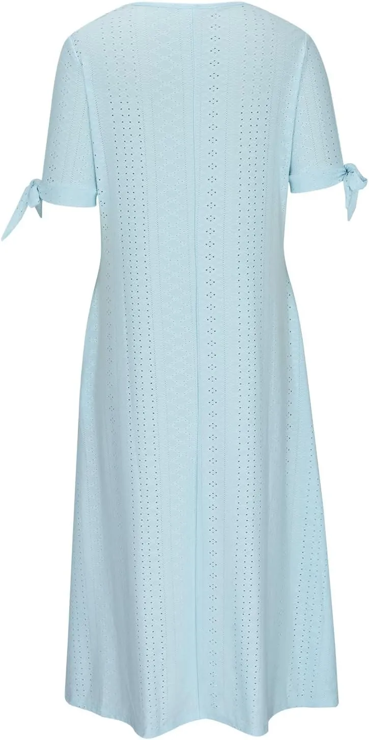 Women Casual Dress with Pocket, Summer Button V Neck Eyelet Midi Dresses Solid Short Sleeve Classy Long Dress