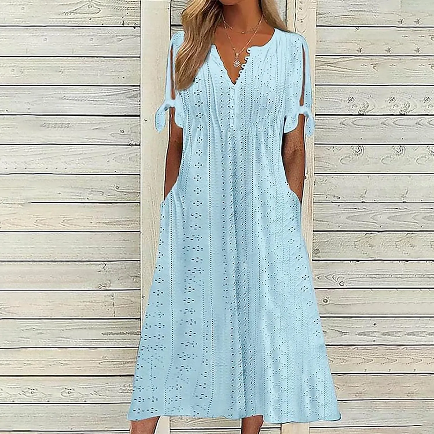 Women Casual Dress with Pocket, Summer Button V Neck Eyelet Midi Dresses Solid Short Sleeve Classy Long Dress