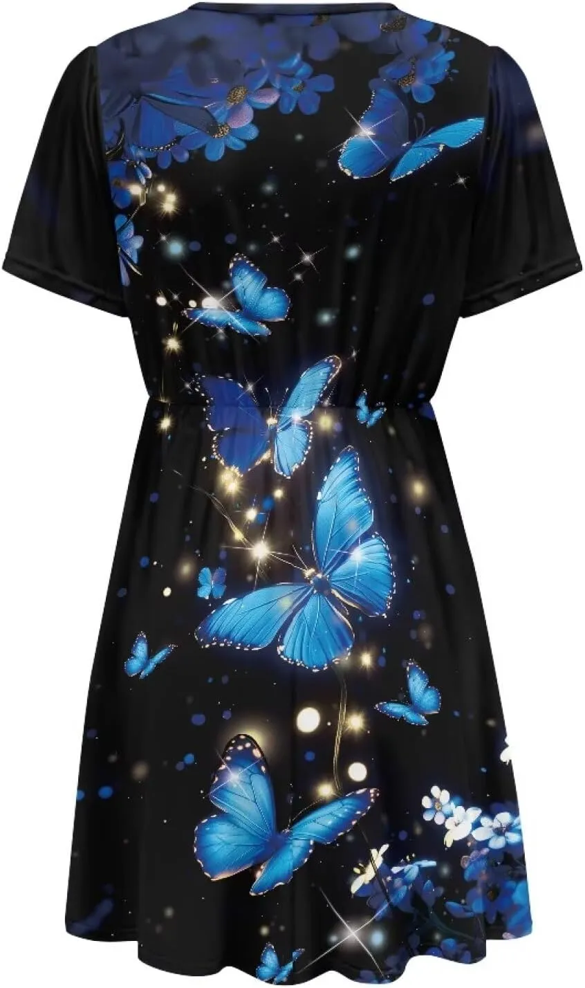 Women Casual Short Sleeve Sundress V Neck A-Line Midi Dress T-Shirt Dress 2025 Summer Beach Vacation Outfits S-XXL